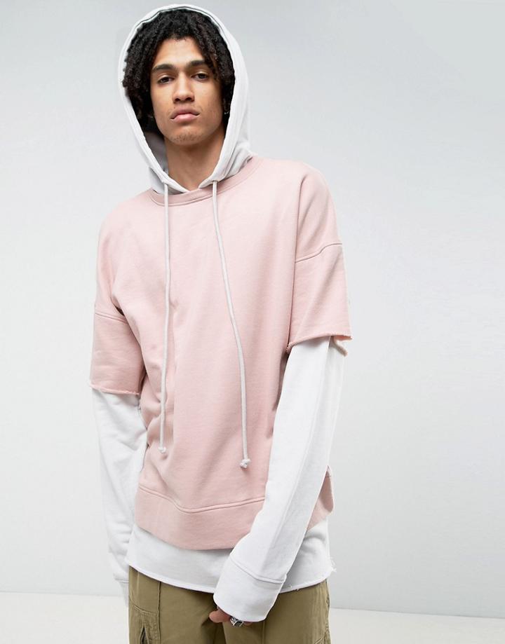 Mennace Dropped Shoulder Layered Hoodie In Off White And Pink - Multi
