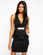 Lipsy Deep V Ruffle Bodycon Dress With Metal Plate