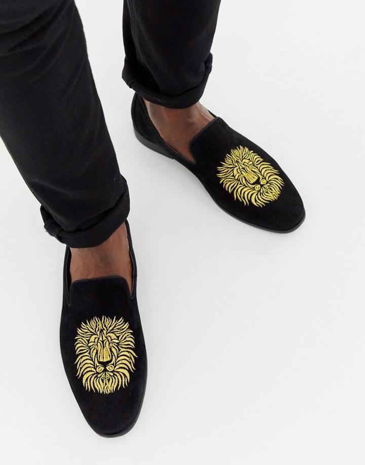 Boohooman Slipper With Lion Embroidery In Black - Black