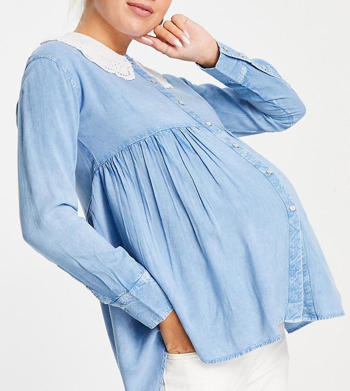 Violet Romance Maternity Peplem Shirt With Broderie Collar In Chambray-blues