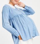 Violet Romance Maternity Peplem Shirt With Broderie Collar In Chambray-blues