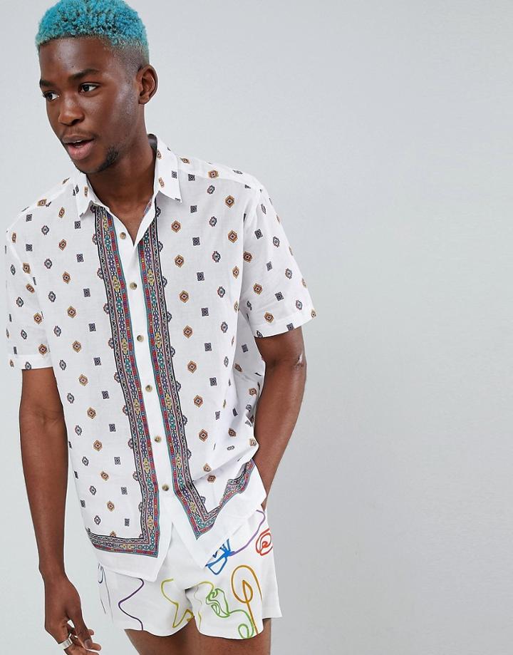 Asos Design Oversized Shirt With Geo-tribal Placement Print In White - White