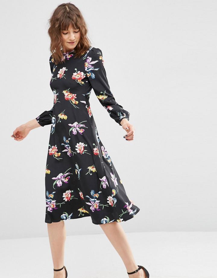 Asos Printed Midi Column Dress In Floral Print - Multi