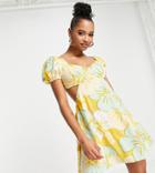 Miss Selfridge Petite Underwire Tie Back Tea Dress In Yellow Hibiscus Print