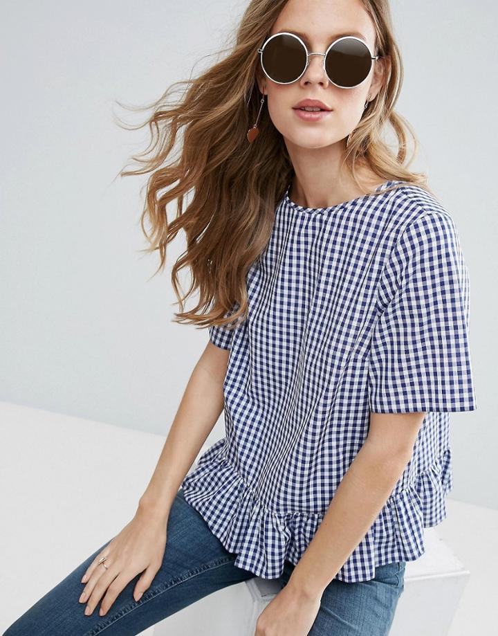 Asos Gingham Tee With Ruffle Hem - Multi