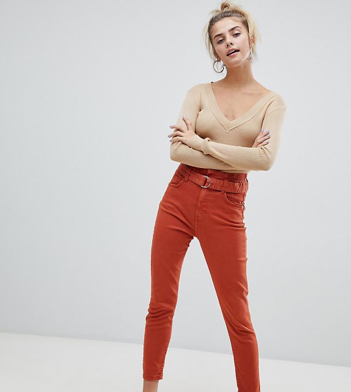 Bershka High Waist Tie Detal Mom Pants In Terracotta - Orange