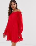 Asos Design Off Shoulder Pleated Trapeze Mini Dress - Red