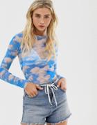 Daisy Street Shrunken Long Sleeve Top In Cloud Print Mesh - Blue