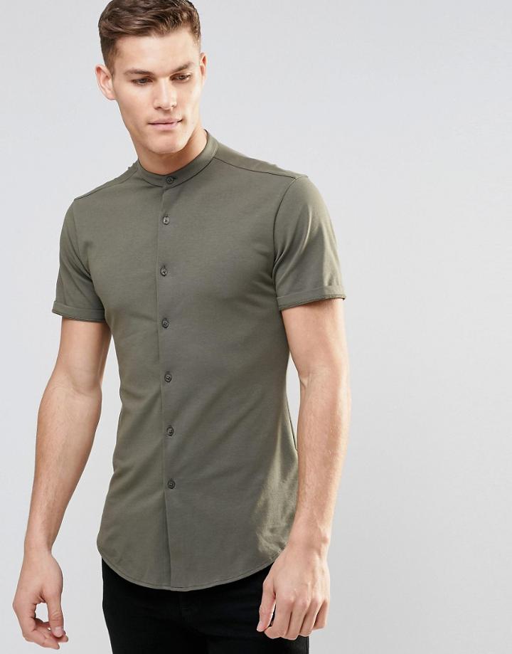 Asos Skinny Shirt In Khaki Jersey With Grandad Collar And Short Sleeves - Khaki