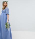 Maya Maternity Sequin Top Maxi Bridesmaid Dress With Flutter Sleeve Detail - Blue