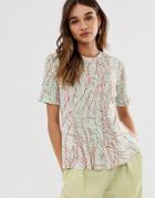 Asos White Linear Print Ruched Front Tee - Beige