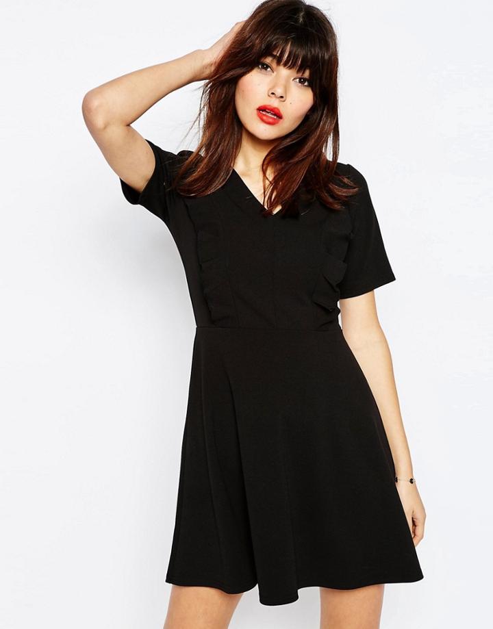 Asos Skater Dress With Ruffle Detail - Black
