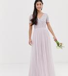 Maya Petite Bridesmaid V Neck Maxi Tulle Dress With Tonal Delicate Sequin In Soft Lilac-purple