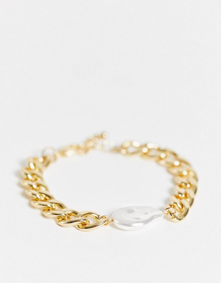 Designb London Chunky Chain Bracelet With Pearl Pendant In Gold
