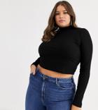 Asos Design Curve Turtleneck Long Sleeve Rib Crop Top In Black