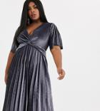 Asos Design Curve Twist Detail Pleated Kimono Midi Dress In Velvet-silver