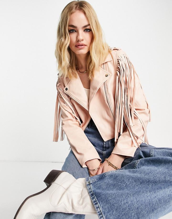 River Island Fringe Detail Crop Biker Jacket In Bright Pink