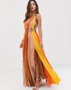 Asos Design Maxi Dress In Color Block With Metal Circle Waist Trim-multi