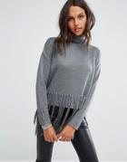 Religion Oversized High Neck Sweater With Tassels - Gray