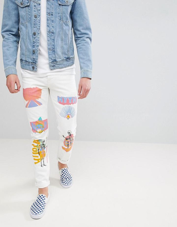 Asos Stretch Slim Jeans In Ecru With Prints - White