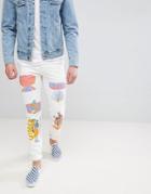 Asos Stretch Slim Jeans In Ecru With Prints - White