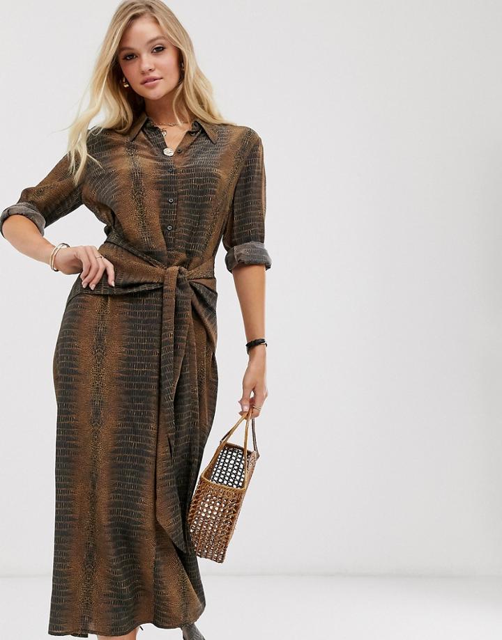& Other Stories Waist Knot Long Sleeves Midi Dress In Croc Print