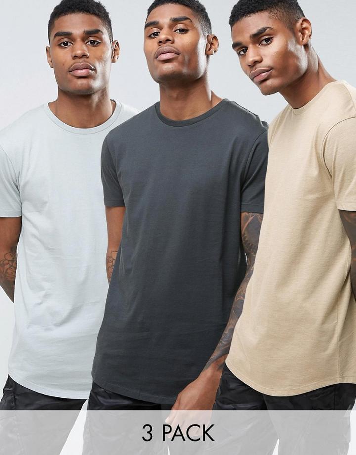 Asos 3 Pack Longline T-shirt In Beige Marl/gray/light Gray With Curved Hem Save - Multi