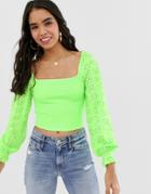 Asos Design Shirred Top With Square Neck And Broderie Sleeve-green