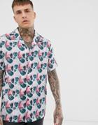 Liquor N Poker Short Sleeve Shirt With Revere Collar And Palm Leaf Print In Pink - Yellow