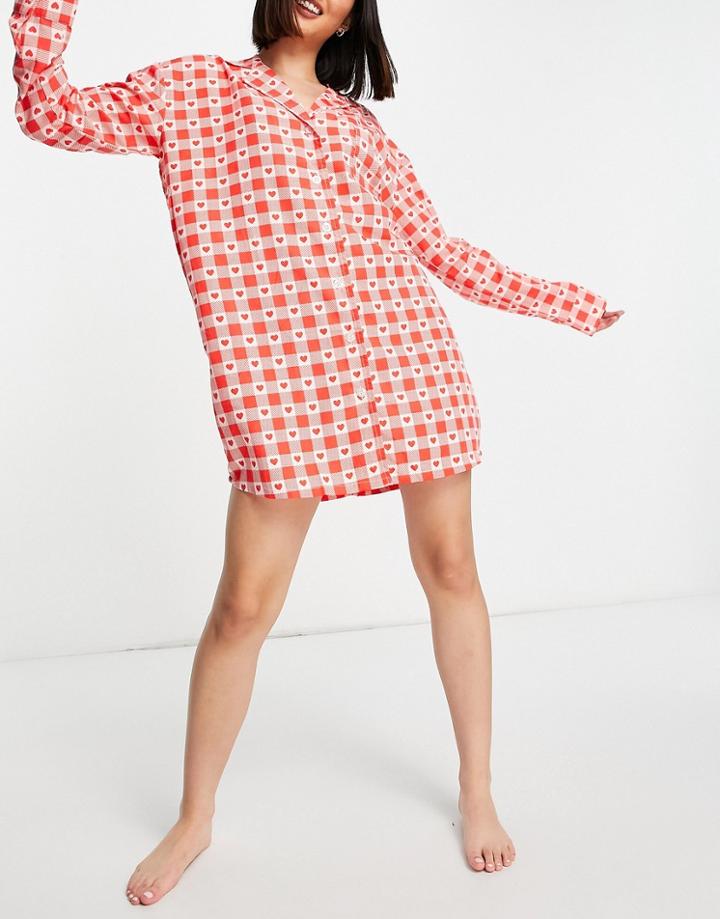 Daisy Street Oversized Night Dress In Heart Gingham-red