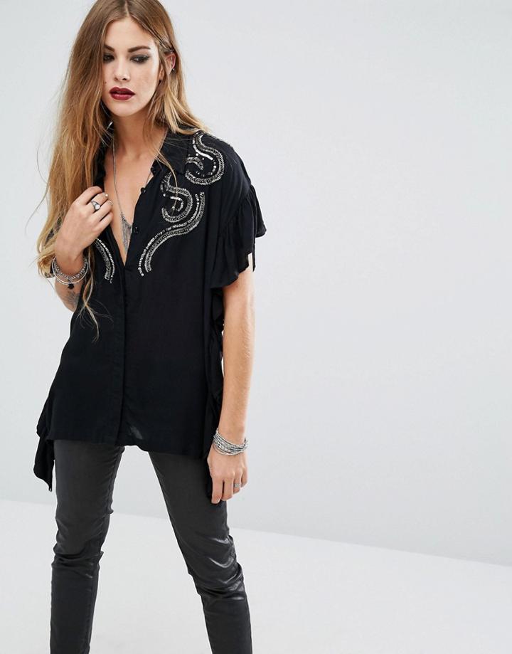 Religion Short Sleeved Shirt With Frill Seams And Bead Embellishment -