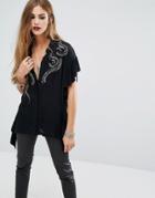 Religion Short Sleeved Shirt With Frill Seams And Bead Embellishment -