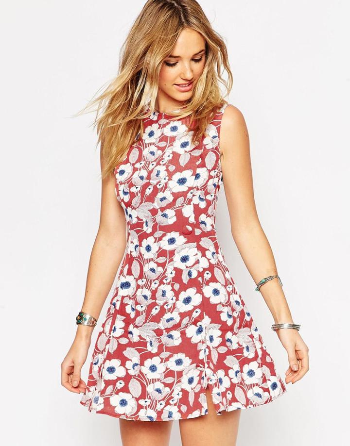 Asos Button Through Swing Dress In Print - Multi