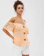 Asos Design Contrast Broderie Off Shoulder Top With Button Through-pink