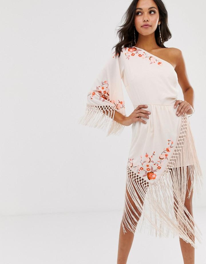 Asos Design Embroidered And Fringed One Shoulder Romper-orange