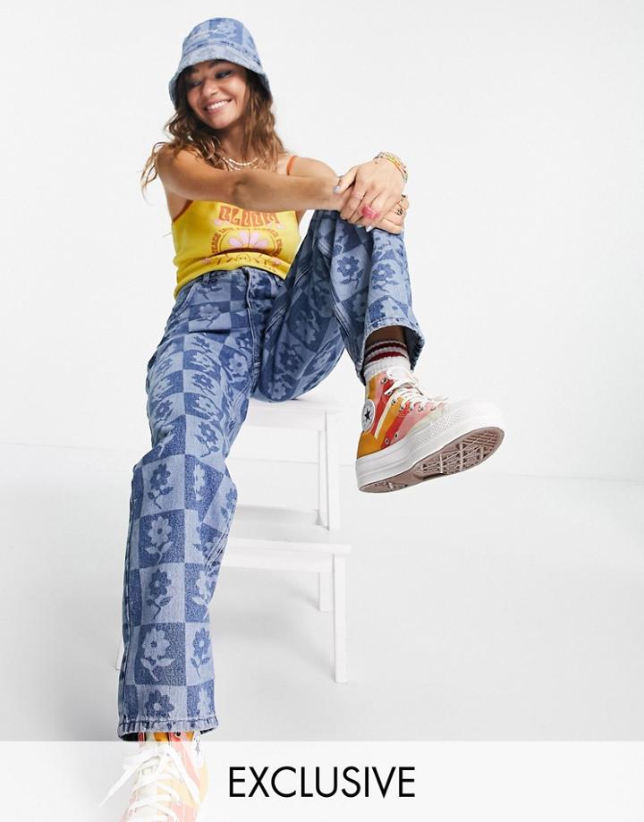 Reclaimed Vintage 90's Dad Jean In Laser Checkboard Daisy Print-multi