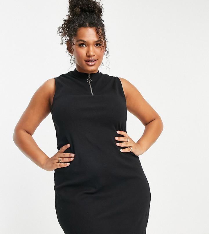 Threadbare Plus Zip Front Mini Dress In Black