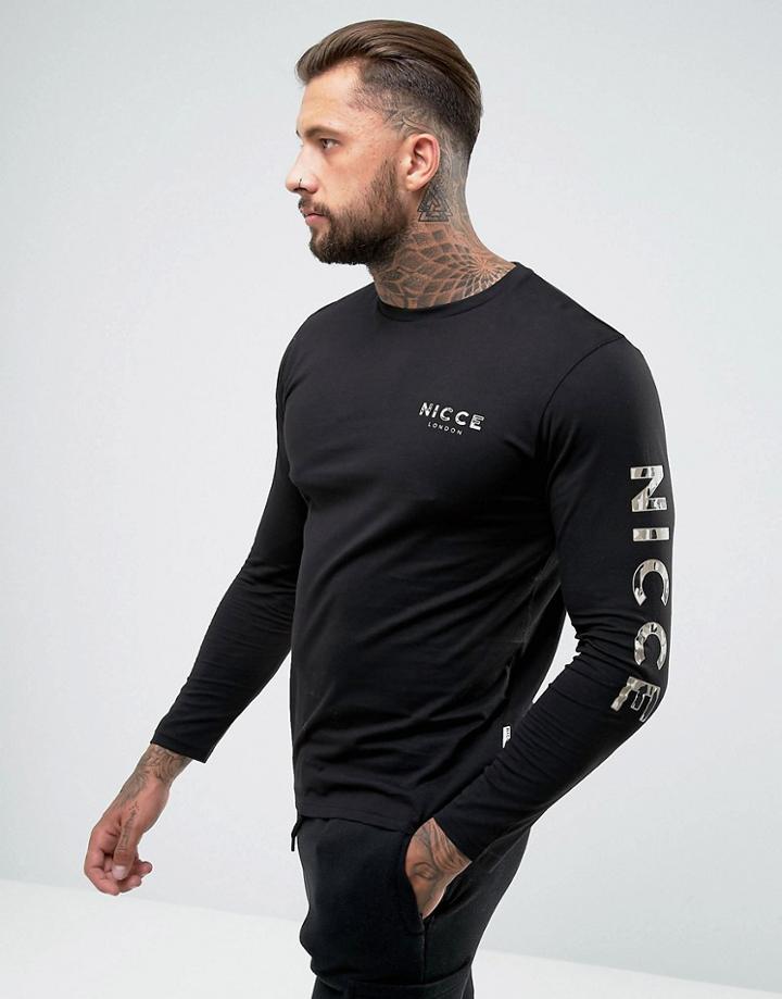 Nicce London Long Sleeve T-shirt With Camo Sleeve Logo - Black