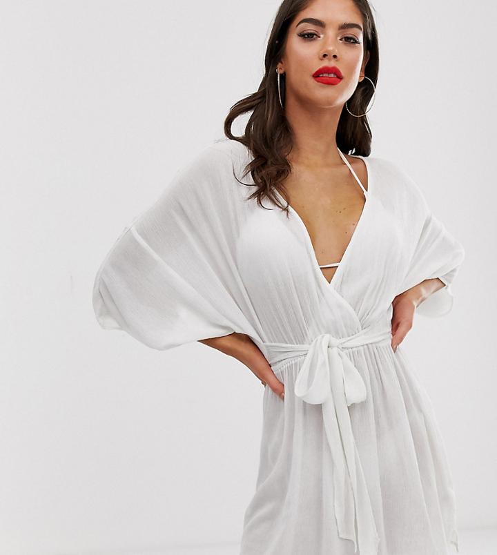 Asos Design Tall Plunge Tie Waist Kimono Sleeve Crinkle Beach Cover Up In White - White