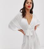 Asos Design Tall Plunge Tie Waist Kimono Sleeve Crinkle Beach Cover Up In White - White
