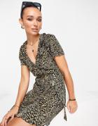 Asos Design Plisse Short Sleeve Ruffle Wrap Mini Dress In Brown Leopard Print-multi