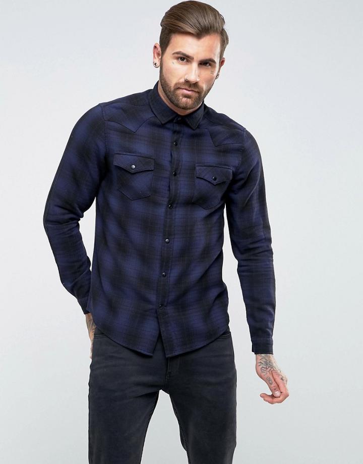 Asos Regular Fit Western Check Shirt - Navy