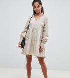 Asos Design Petite Tiered Cotton Smock Mini Dress With Long Sleeves - Beige