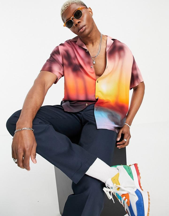 Asos Design Relaxed Revere Blurred Summer Scenic Print Shirt