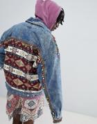 Asos Design Festival Oversized Denim Jacket With Back Print And Beading - Blue