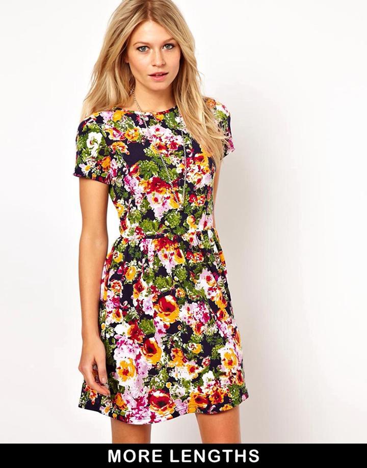 Asos Skater Dress In Bright Pansy Print - Multi