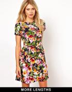 Asos Skater Dress In Bright Pansy Print - Multi
