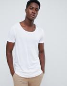 Asos Design Longline T-shirt With Raw Scoop Neck And Curve Hem In Linen Mix In White - White