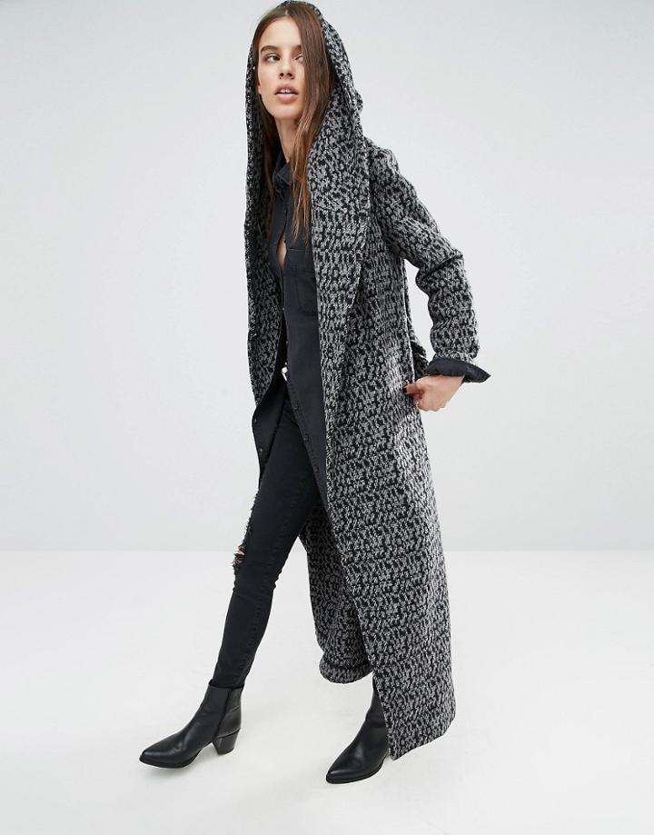 Religion Longline Drapey Textured Coat In Intricate Pattern - Black