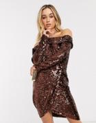 Lavish Alice Velvet Sequin Cut Out Wrap Dress In Chocolate-brown
